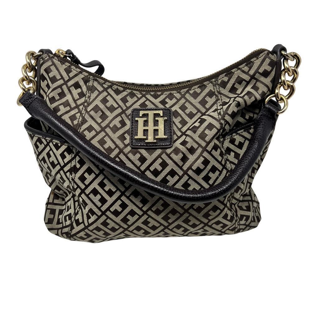 Tommy Hilfiger Brown and Tan Monogram Print Purse Shoulder Bag Gold Chain